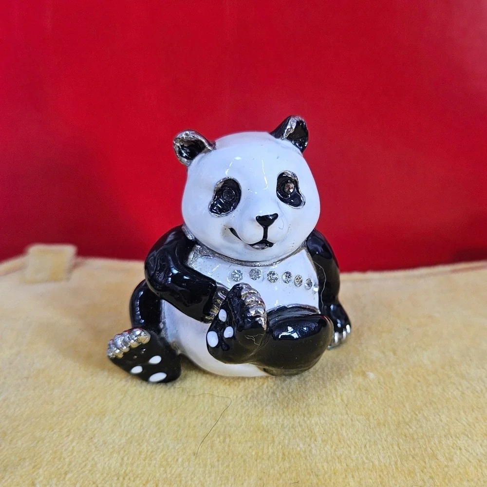 Panda Bear Hinged Trinket Box Enamel Rhinestone‎ Crystal Bejeweled Black White